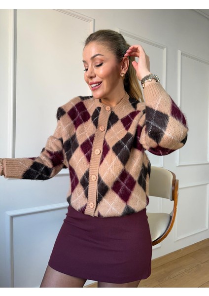 Bej Baklava Desenli Bisiklet Yaka Hırka modelleri