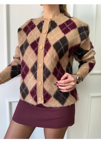 Bej Baklava Desenli Bisiklet Yaka Hırka