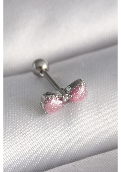 316L Çelik Gümüş Renk Pembe Kurdele Zirkon Taş Detay Tragus Piercing - TJ-PR1295