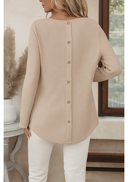 Kadın Uzun Kollu Yuvarlak Yaka Arkadan Düğmeli Waffle Bluz modelleri