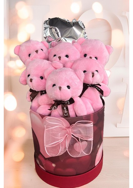 Premium Silindir Kalpli Kırmızı Özel Kutusunda, Kalpli Balonlu 6’lı Pembe Ayıcık Buketi fiyatları