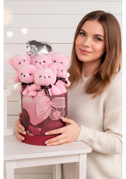Premium Silindir Kalpli Kırmızı Özel Kutusunda, Kalpli Balonlu 6’lı Pembe Ayıcık Buketi modelleri