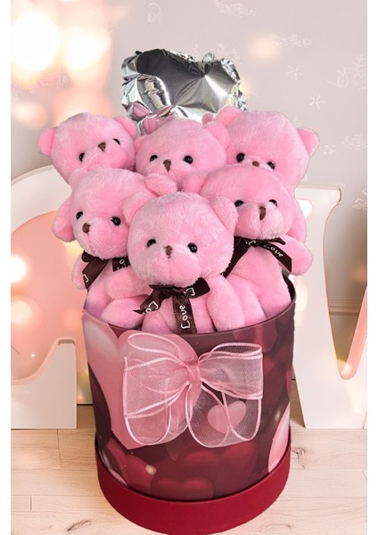 Premium Silindir Kalpli Kırmızı Özel Kutusunda, Kalpli Balonlu 6’lı Pembe Ayıcık Buketi fırsatları