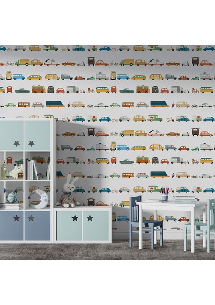 Arabalı Çocuk Odasıduvar Kağıdı -Isı ve Ses Yalıtımı Yırtılmaz modelleri