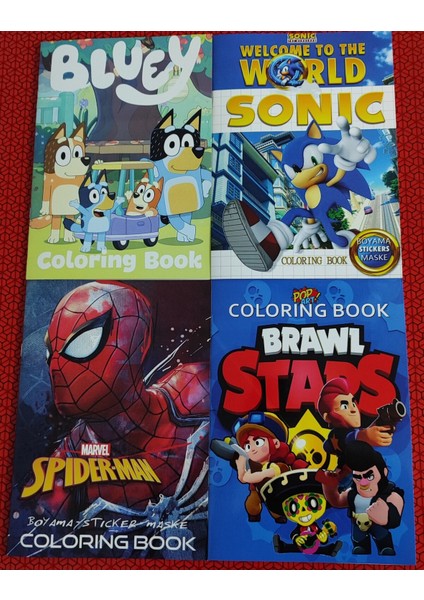 4 Adet Stickerli Boyama Kitabı (Brawlstars,örümcek Ad.,sonic,bluey Figürlü)