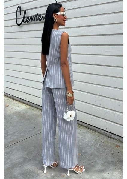 Çizgili Viscon Keten Yelekli Rahat Takım 10121 fırsatları