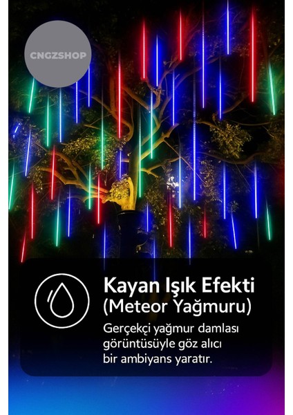 8 Adet Meteor Yağmur Tüp LED Işık | Solar Güneş Enerjili Ağaç ve Bahçe Saplamalı Dekoratif Aydınlatm
