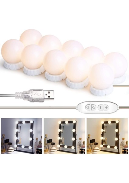 Hollywood Vanity USB LED Makyaj Aynası Işıkları 3 Renkli 10 LED Ampul 4,5 mt