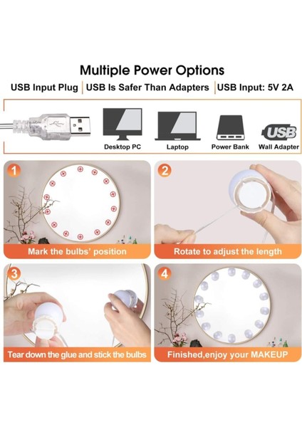 Hollywood Vanity USB LED Makyaj Aynası Işıkları 3 Renkli 10 LED Ampul 4,5 mt fırsatları