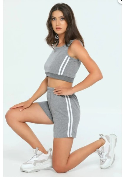 Yan Şeritli Crop Büstiyer Şort Ikili Takım