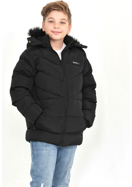 Erkek Çocuk Siyah Kışlık Kapşonlu Mont