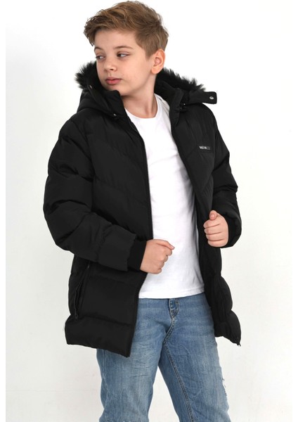 Erkek Çocuk Siyah Kışlık Kapşonlu Mont