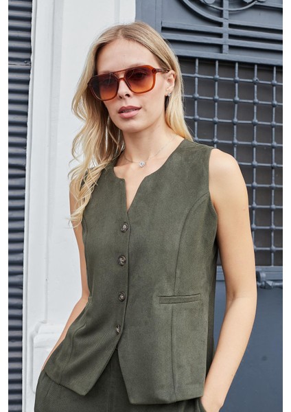 Kadın Süet Dokulu Kumaş Geniş Sıfır Yakalı Flato Cepli Yelek-Haki indirimleri