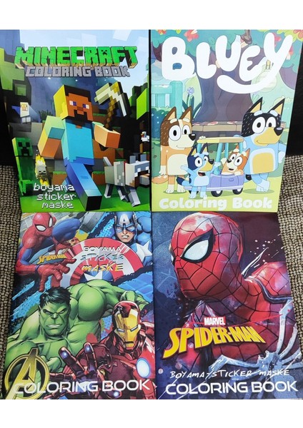 4 Adet Stickerli Boyama Kitabı (Süper Kahramanlar/örümcek Ad./minecraft/bluey Figürlü)