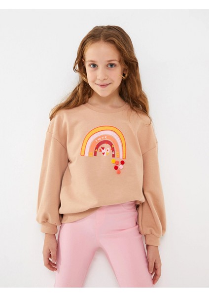 Lcw Kids Bej Bisiklet Yaka Baskılı Uzun Kollu Kız Çocuk Sweatshirt