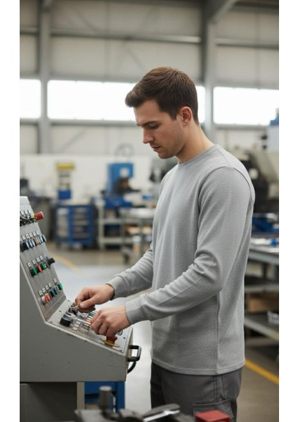 O (Bisiklet) Yaka Sweatshirt – Gri 2 Iplik Kumaş, Uzun Kollu Rahat Iş Elbisesi fırsatları