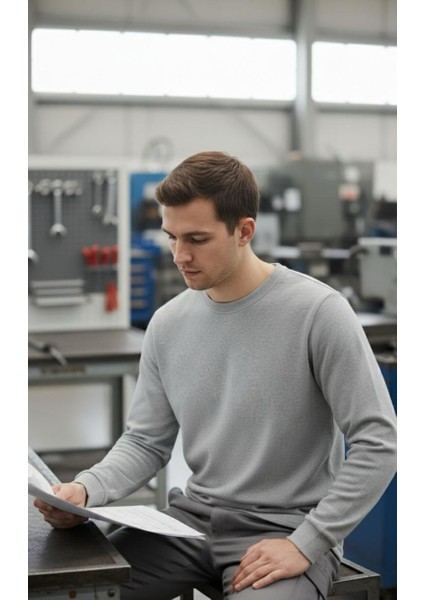 O (Bisiklet) Yaka Sweatshirt – Gri 2 Iplik Kumaş, Uzun Kollu Rahat Iş Elbisesi indirimleri