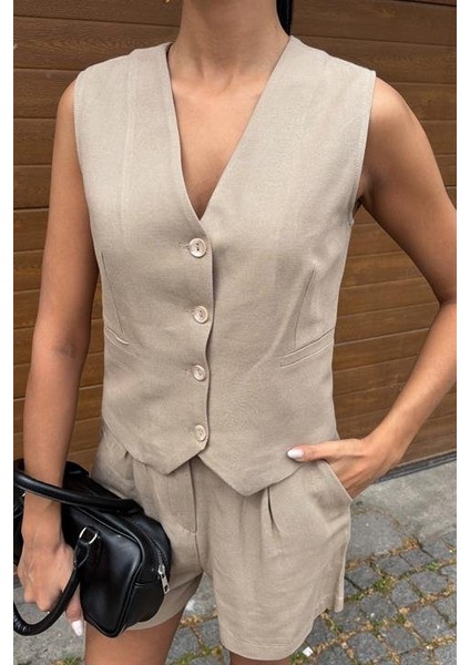 Yelek Şort Flamlı Keten Takım 10133-17