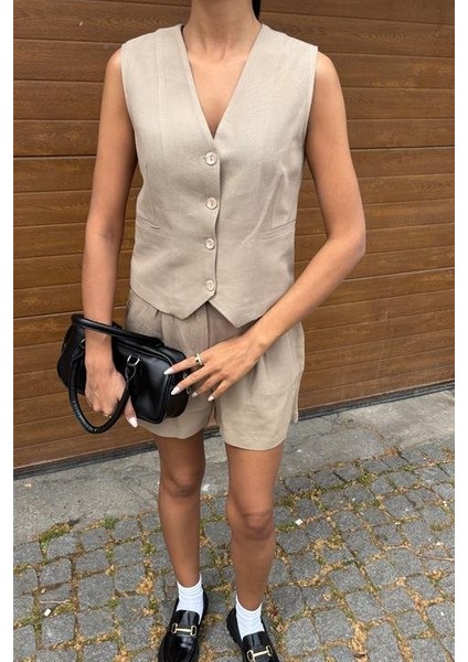 Yelek Şort Flamlı Keten Takım 10133-17