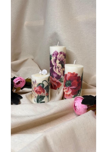 Çiçek Desenli 3lü Takım Mum
