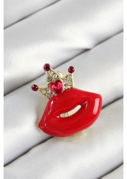 Zirkon Taşlı Kraliçe Taç Detaylı 3D Kırmızı Dudak Figürlü Gold Renk Kadın Broş - TJ-BR449
