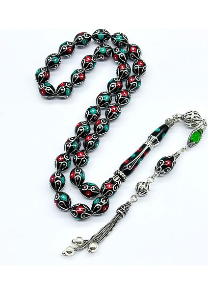 Gümüş Işlemeli Usta Işçilikli Orijinal Oltu Taşı Tesbih