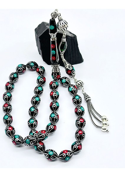 Gümüş Işlemeli Usta Işçilikli Orijinal Oltu Taşı Tesbih fırsatları