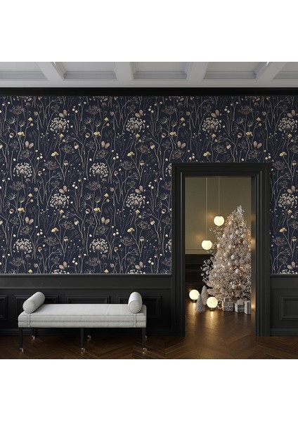 Gece Bahçesi Çiçek Motifli Duvar Kumaşı -Isı ve Ses Yalıtımlı
