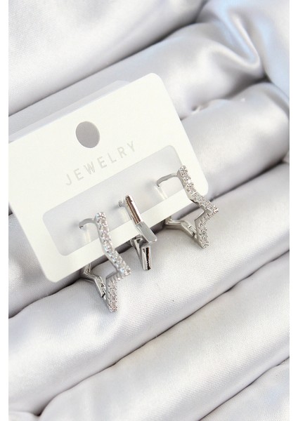 Pirinç Zirkon Taşlı Yıldız Model Gümüş Renk 3'lü Çift Kadın Küpe Set - TJ-BKP10798