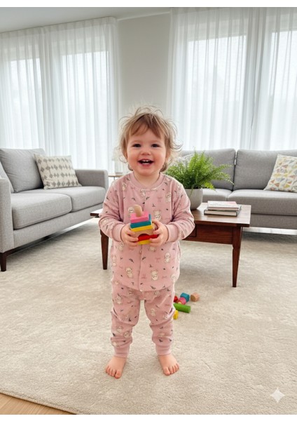 Kız-Erkek Bebek- Çocuk Pijama Takımı %100 Pamuk Uzun Kollu Önü Çıtçıtlı Mevsimlik