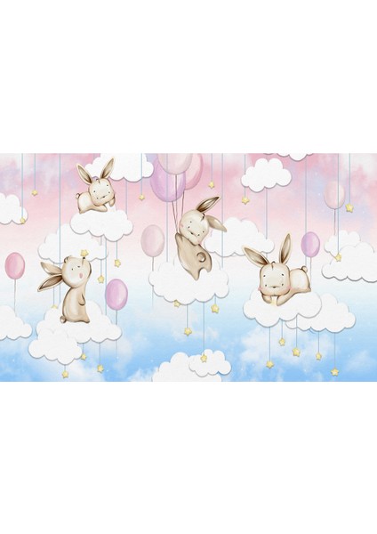 3 Boyutlu Mutlu Tavşanlar Desenli Çocuk Odası Kumaş Duvar Kağıdı - En x Boy