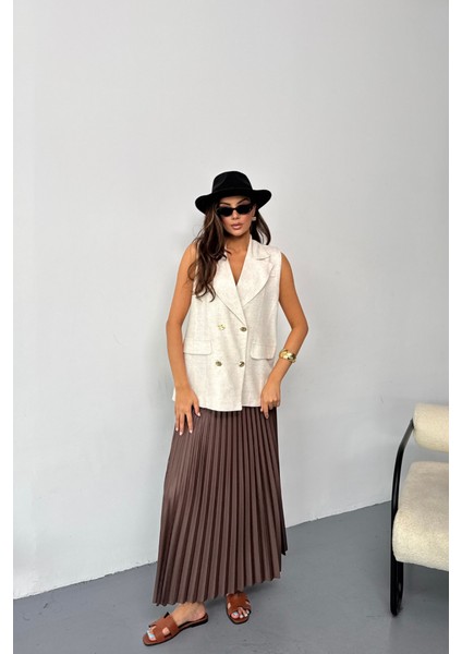 Gold Düğmeli Keten Yelek - Ham