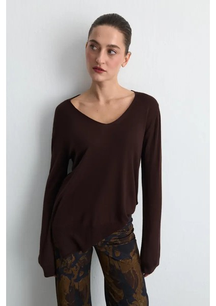 V Yaka Rahat Kesim Yün Triko - Kahverengi