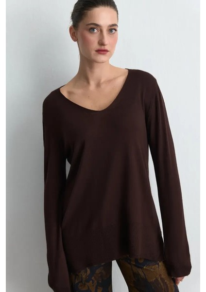 V Yaka Rahat Kesim Yün Triko - Kahverengi modelleri