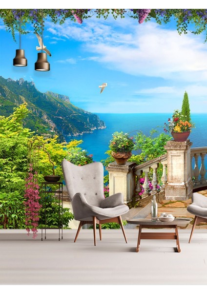 Deniz Manzaralı Balkon Desenli Tekstil Duvar Kağıdı