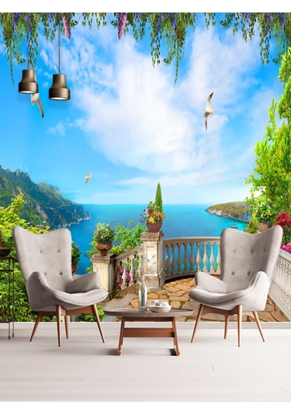 Deniz Manzaralı Balkon Desenli Tekstil Duvar Kağıdı fiyatları