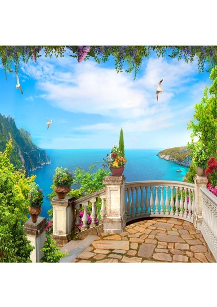 Deniz Manzaralı Balkon Desenli Tekstil Duvar Kağıdı modelleri
