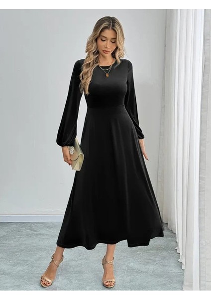 Kadın Uzun Kollu Bisiklet Yaka Midi Kadife Elbise