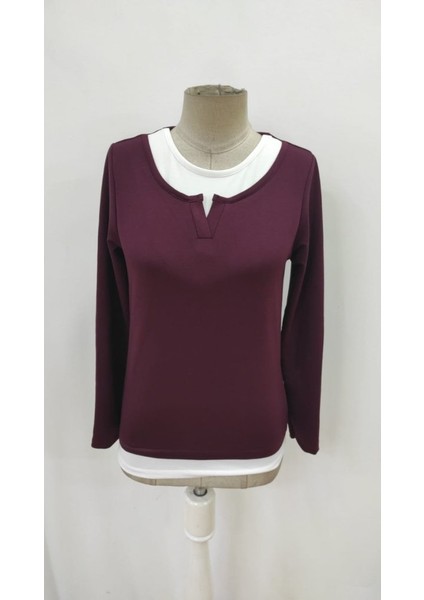 Kadın Uzun Kollu V Yakalı Çift Renkli Viskon Iki Iplik Bluz