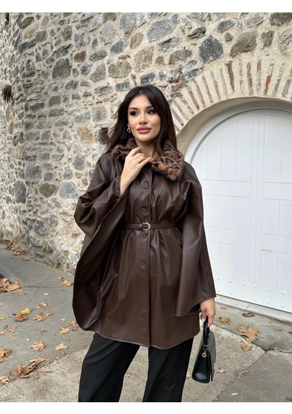 Leopar Kürk Yaka Deri Görünümlü Düğmeli Kemerli Abiye Panço Ceket Siyah