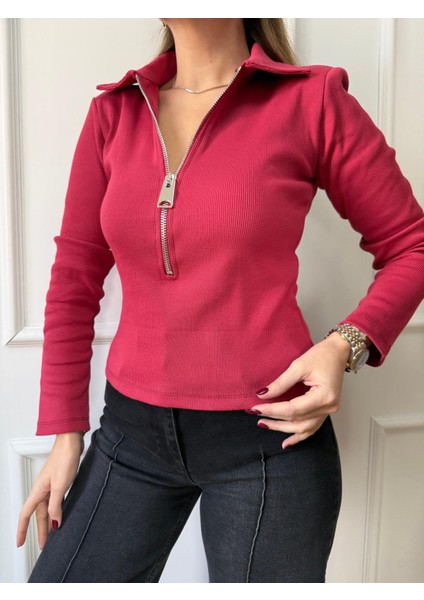 Şarap Yaka Fermuarlı Fitilli Bluz