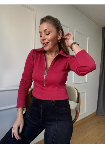 Şarap Yaka Fermuarlı Fitilli Bluz