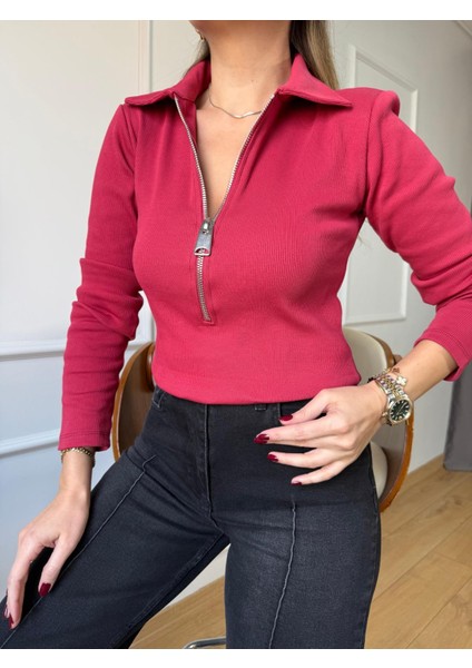 Şarap Yaka Fermuarlı Fitilli Bluz