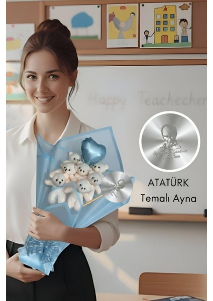 Öğretmen'e Hediye: Atatürk Temalı Aynalı Kalpli Balonlu 7’li Mavi Ayıcık Buketi-24 Kasım Öğretmenler Günü Hediyesi