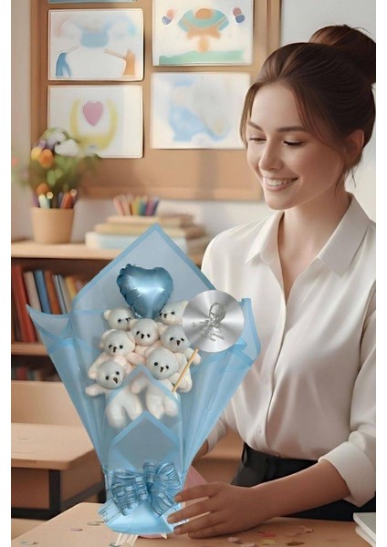Öğretmen'e Hediye: Atatürk Temalı Aynalı Kalpli Balonlu 7’li Mavi Ayıcık Buketi-24 Kasım Öğretmenler Günü Hediyesi fiyatları
