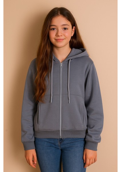 Gri Kız Çocuk Şardonlu Kapüşonlu Hırka 23330