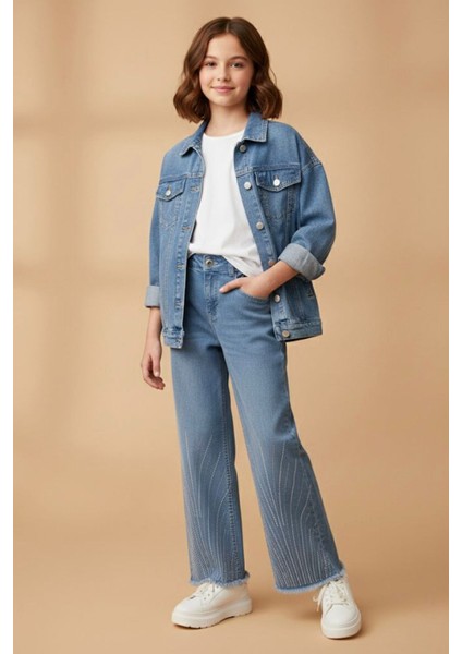 Çizgi Taş Detaylı Kız Çocuk Yumuşak kot pantolon - Mavi