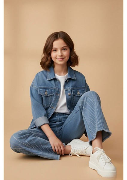 Çizgi Taş Detaylı Kız Çocuk Yumuşak kot pantolon - Mavi fiyatları