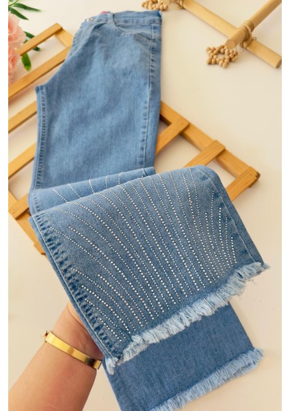 Çizgi Taş Detaylı Kız Çocuk Yumuşak kot pantolon - Mavi modelleri