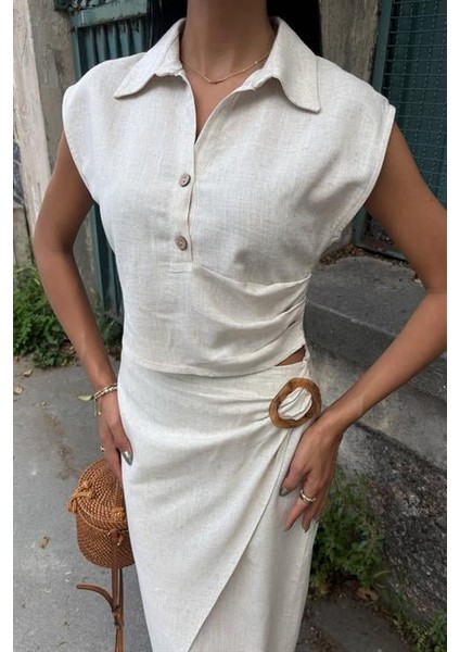 Bluzu Büzgülü ve Eteği Tokalı Keten Takım 10204